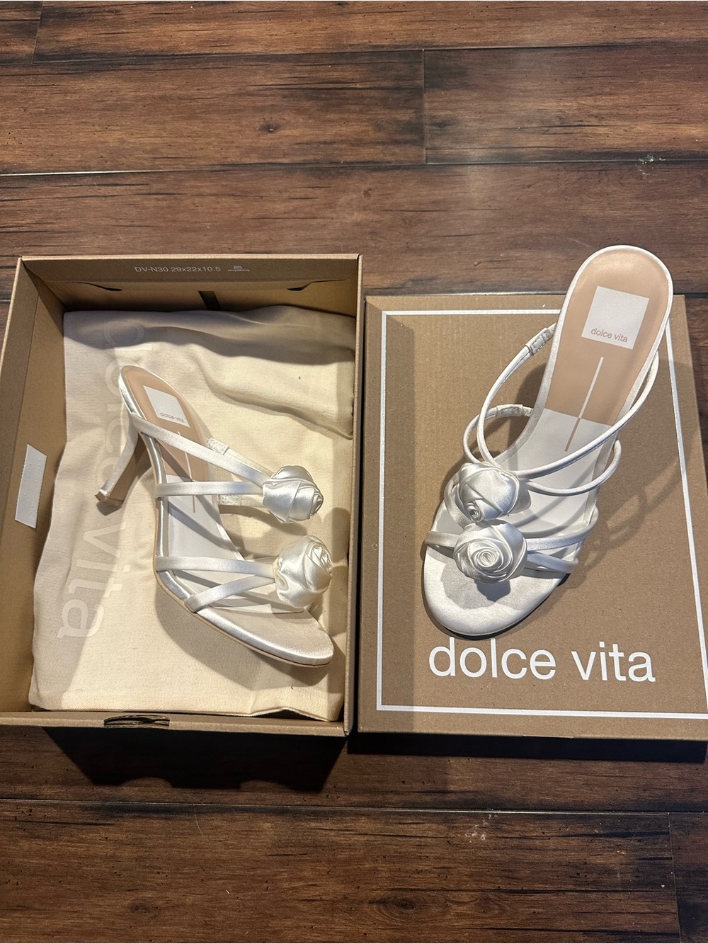 Dolce Vita White Satin Rose-Embellished Strappy Heeled Sandals